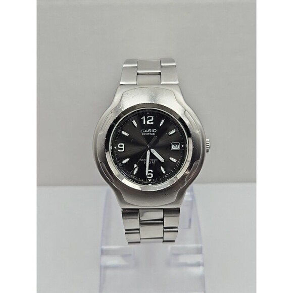 Casio Edifice EF104 Quartz Black Dial Date 100M Stainless Steel New Battery Mens - Picture 1 of 13